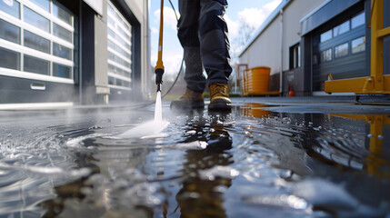 Commercial Cleaning man pressure washing the floor