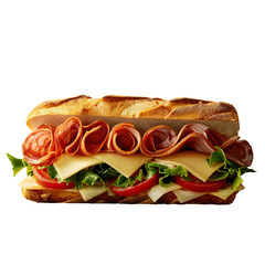 Gourmet Baguette Sandwich with Salami and Cheese, isolated on transparent background.