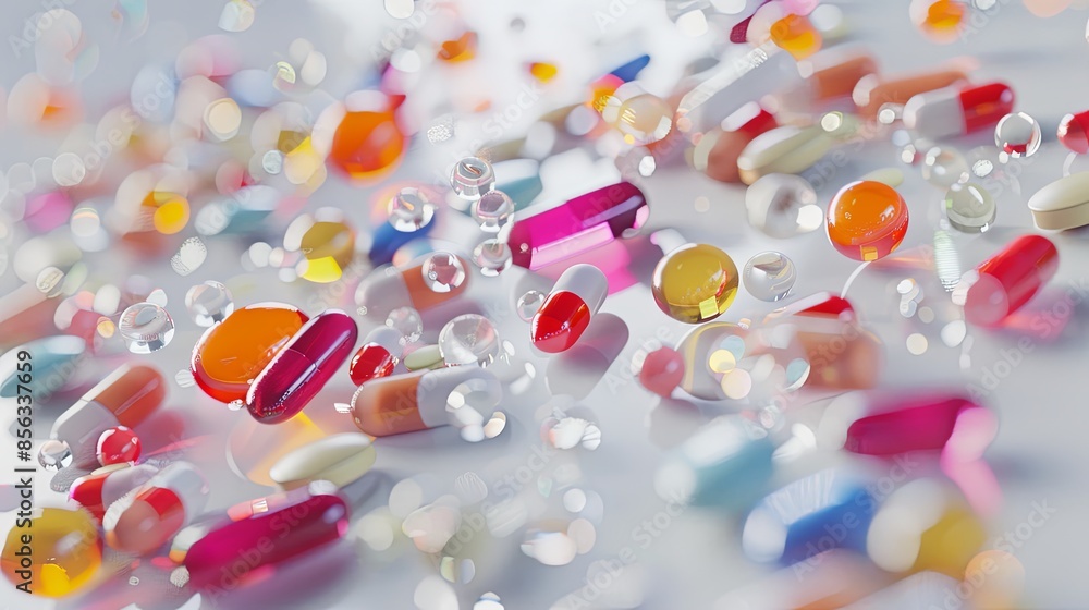 Aufkleber close-up of colorful pills and capsules on white surface, highlighting texture and details for a cli
