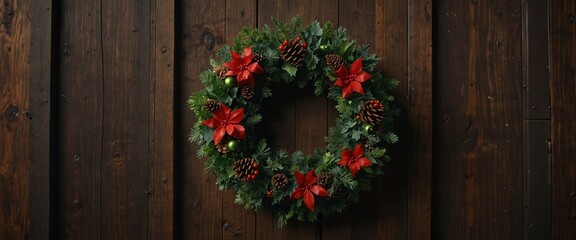 Naklejka premium Christmas wreath on a rustic wooden door for holiday decorations.
