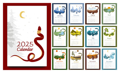 Calendar for 2025 by month. The design of the desktop calendar 2025 with the cover and design of each month. Wall calendar 2025.