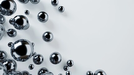 A digital rendering of many metallic silver spheres floating in front of a white background