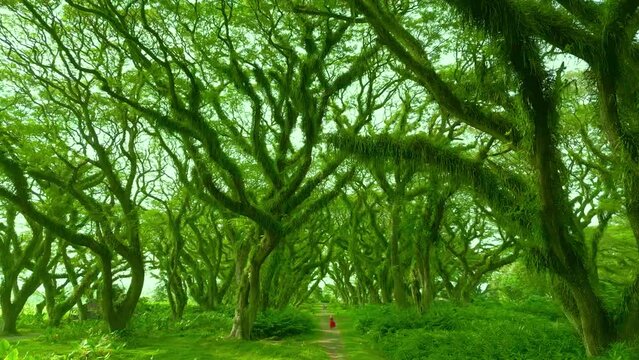 Magic rainforest in De Djawatan forest at Banyuwangi, East Java, Indonesia. Aerial Drone view 4K.