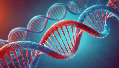 Abstract representation of a DNA double helix with vibrant red and blue colors.