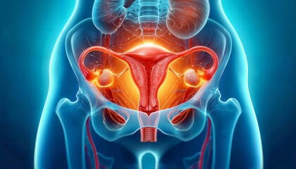 3D medical illustration of the female reproductive system highlighting the uterus and ovaries.