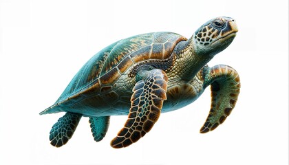 Fototapeta premium Close-up of a green sea turtle swimming gracefully against a plain white background