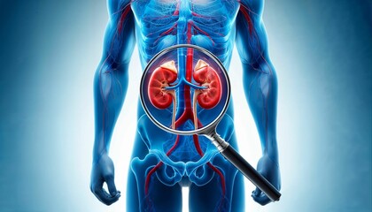 Detailed 3D illustration of the human urinary system with magnified view of kidneys