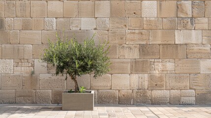 Two small trees planted in square stone planters are positioned against a stone wall. The trees are green and healthy, providing a splash of color against the tan stone