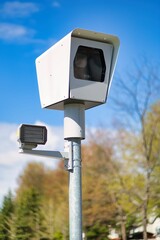 A speed camera installed on a roadside pole with a clear blue sky background