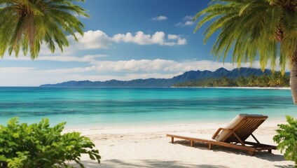 Perfect island beach, luxury resort or hotel scenery, wonderful sea view and palm leaf Tropical landscape for luxurious travel and vacation holiday background.