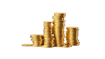 stacks of gold coins isolated on white background , transparent png image