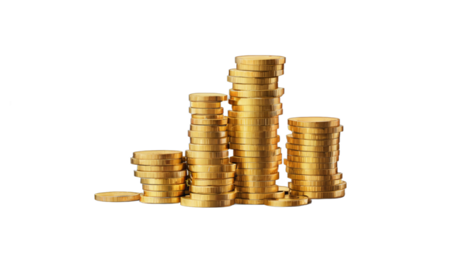 stacks of gold coins isolated on white background , transparent png image