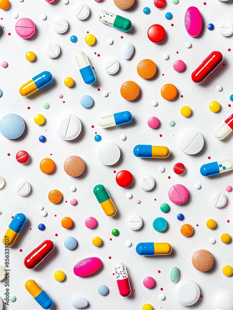 Poster colorful pills and capsules scattered on white background, focusing on texture and details for a cli