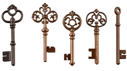 set of antique keys isolated on white background , transparent png image