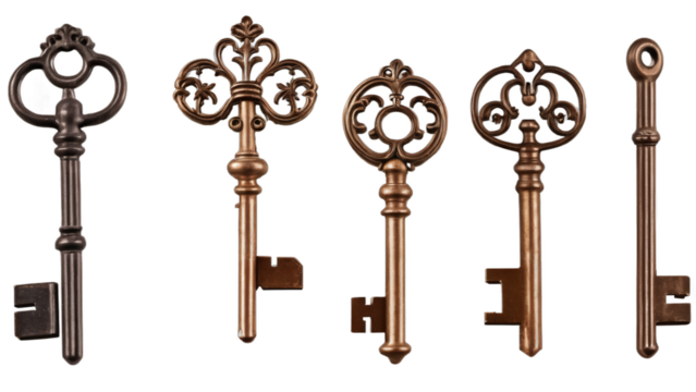 set of antique keys isolated on white background , transparent png image