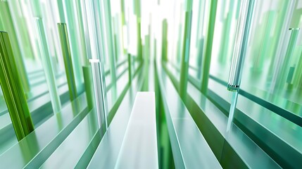 Fototapeta premium Abstract green striped ramp moving up in perspective on white background visualising growth and speed - Generative AI