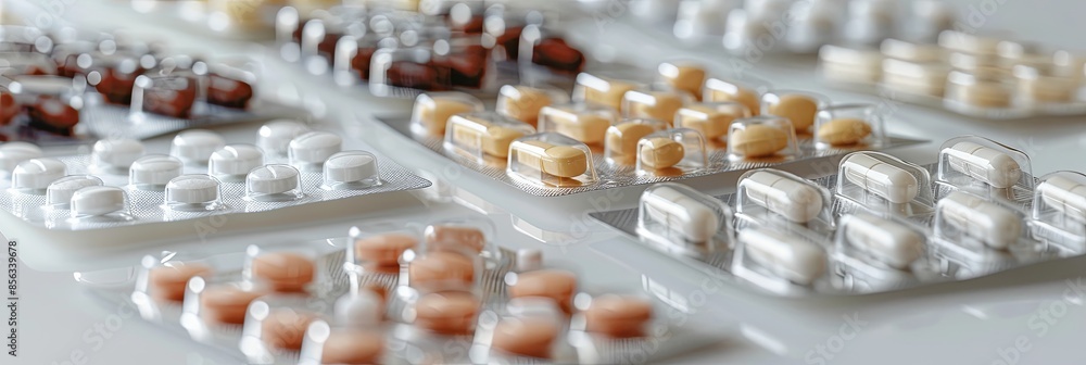 Aufkleber A close-up view of various pills in blister packs, showcasing the neatly arranged packaging and the pills within. Generative AI