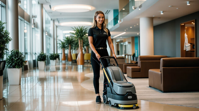Cleaning lady is using floor scrubber and dryer machine in office hallway