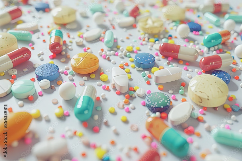 Poster a close-up view of various colorful pills and capsules scattered on a white background. the focus is