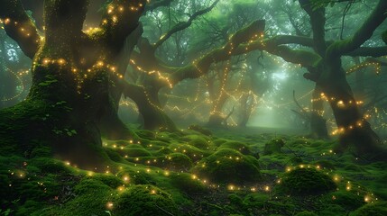 Fototapeta premium Magical Enchanted Forest with Sunlight Filtering Through Lush Greenery and Misty Fog Creating a Mystical Atmosphere