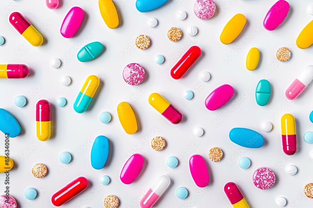 Poster A close-up shot of various colorful pills and capsules scattered on a clean white background. Generative AI