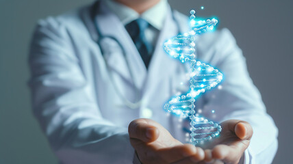 Technology and health concept. Doctor holding virtual DNA icon.