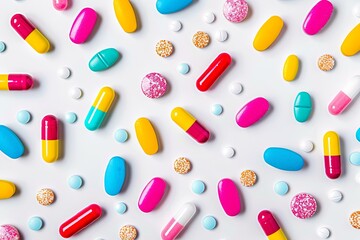 A close-up shot of various colorful pills and capsules scattered on a clean white background. Generative AI