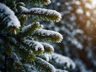 Winter background with fir branches and snow Winter holidays and Christmas concept.