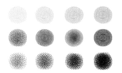 Spray noise gradient. Set of grainy round brushes. The effect of dots dissolving. Black dot.
