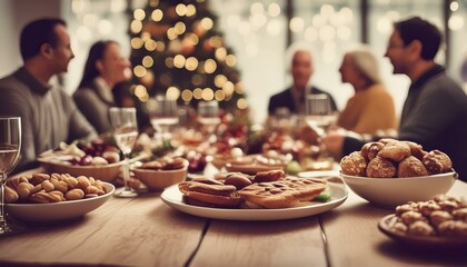 Blurred people in the background are having fun at the Christmas party, Christmas food, and decorations are in front