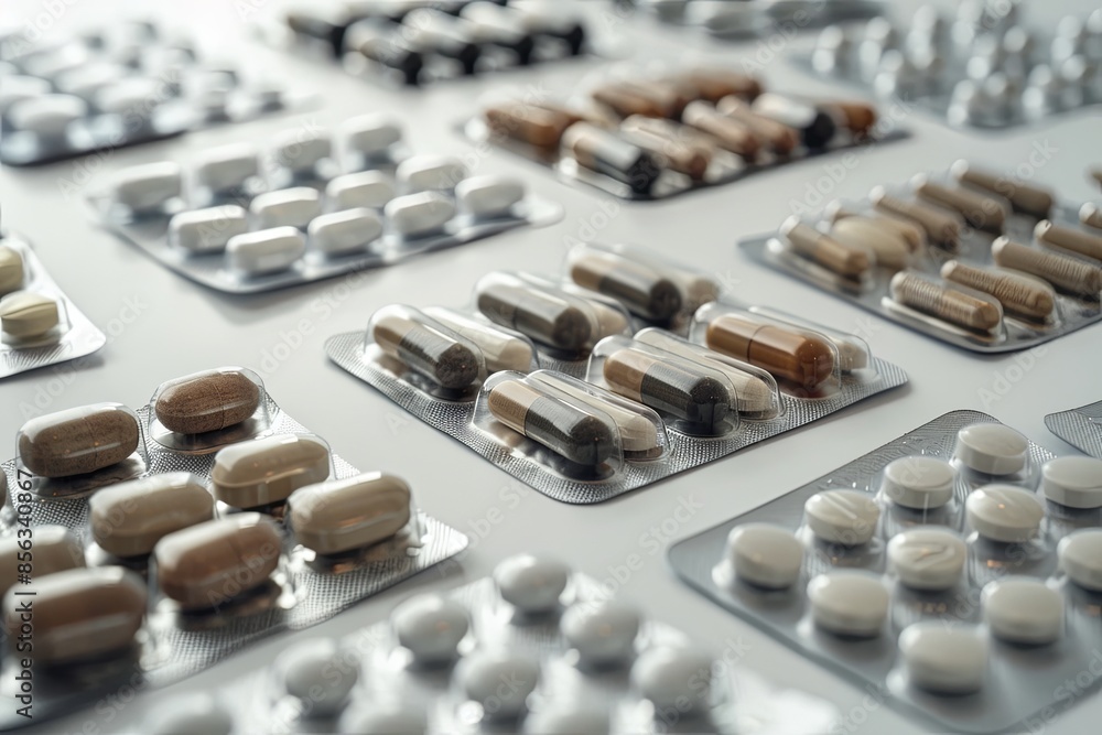 Poster a close-up image showcasing various pill blister packs arranged neatly on a white background, highli