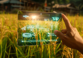 Male farm worker using a digital tablet with Virtual Reality Artificial Intelligence (AI) for analyzing plant disease in agriculture fields. technology smart farming & innovation agricultural concepts