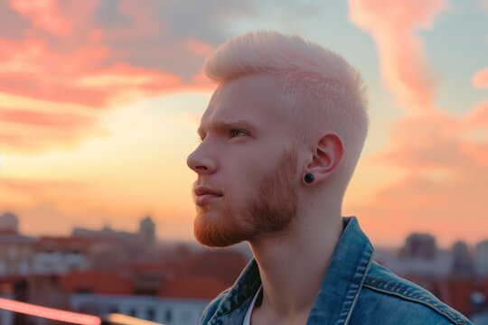 Albino man with a red beard and earring stands on a rooftop at sunset, looking out over the city, lost in thought and hopeful for the future - Powered by Adobe