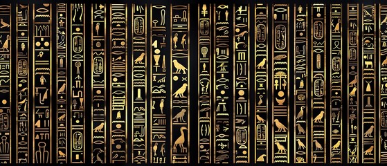 Ancient golden egyptian hieroglyphs alphabet pattern over black background. Ancient Egyptian and ancient culture concept - Generative AI