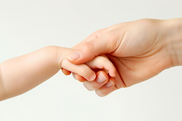 Obraz premium Mother and baby hold hands, showing their bond. Love, care, and tenderness are shared. Innocence and purity shine, symbolizing trust and security. Reflecting growth, surrounded by peace
