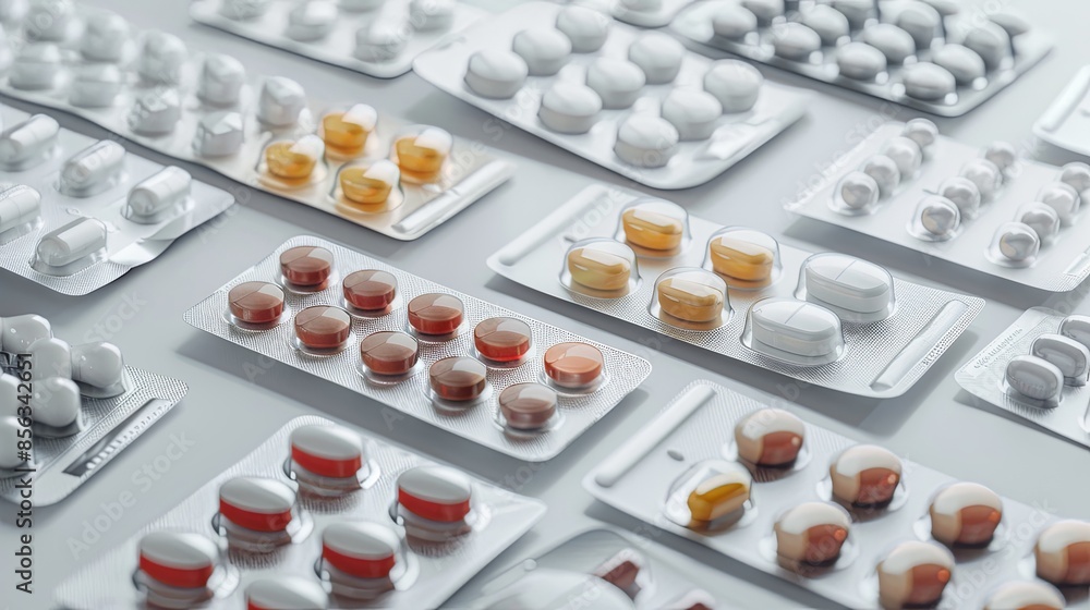Poster A detailed image of various pills in blister packs, arranged in an organized pattern on a white background. Generative AI