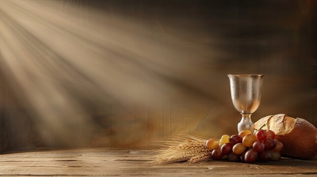 A glass of red wine, two loaves of bread, and wheat stalks are arranged on a wooden table