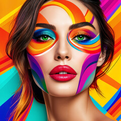 Obraz premium A woman with vibrant, colorful makeup on her face and neck, set against a backdrop of bright colors.