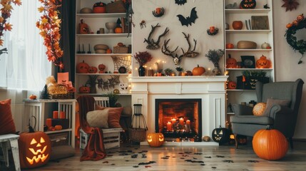 Interior of living room decorated for Halloween with shelf units and mantelpiece