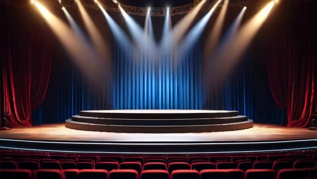 A stage with a spotlight on it and a red curtain in the background. The stage is empty and the audience is seated in the red chairs