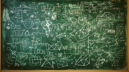 Chalkboard covered in complex equations and symbols, partially erased, upper third copy space