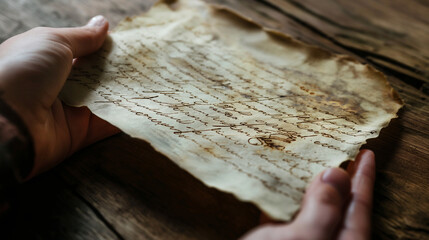 Hand holding an old letter with cryptic handwriting and symbols, intense focus, right third copy space