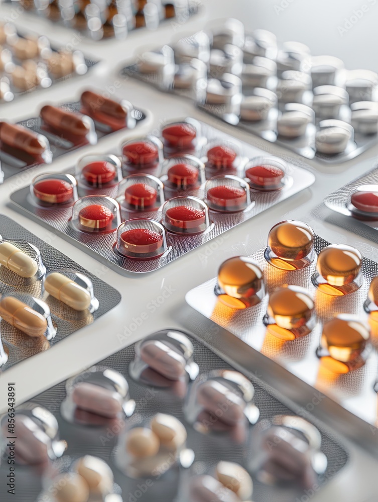 Poster a close-up shot of several blister packs filled with various pills, arranged neatly on a white surfa