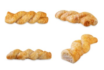 Braid filo dough Greek pie with filling on a white isolated background