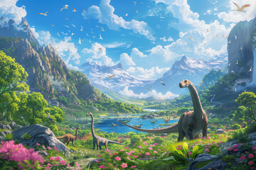 Obraz premium This image features a prehistoric landscape lush with vibrant flowers, serene lakes, majestic mountains, and roaming dinosaurs under a clear blue sky with soaring birds