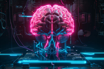 Futuristic Digital Art of a Glowing Brain with Neon Lights and High-Tech Background