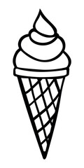 Hand drawn ice cream cone in outline style isolated on a white background. Vector icon illustration. Template for greeting card, postcard, print, fashion design, menu.