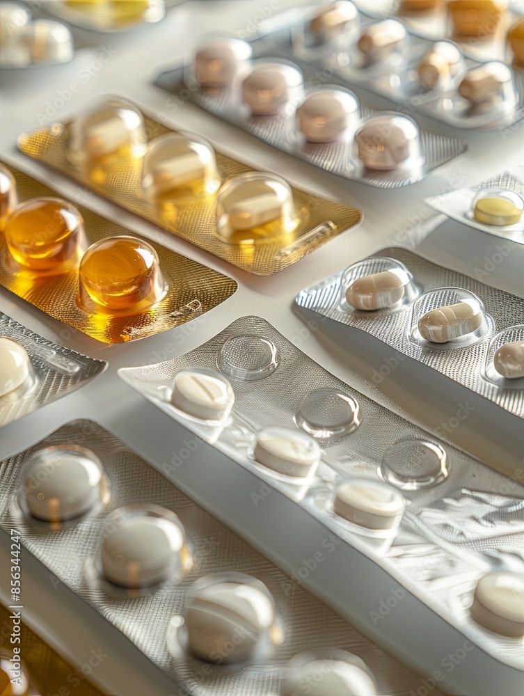 Aufkleber a close-up image showcasing various types of pills neatly arranged in blister packs on a white surfa