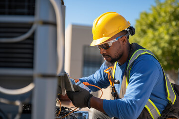 Electrician installing residential electrical panel outside on building