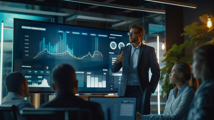 Business meeting concept. Male manager examining sales charts at company meeting. Male employee examining the company's annual report and making a presentation at the meeting.